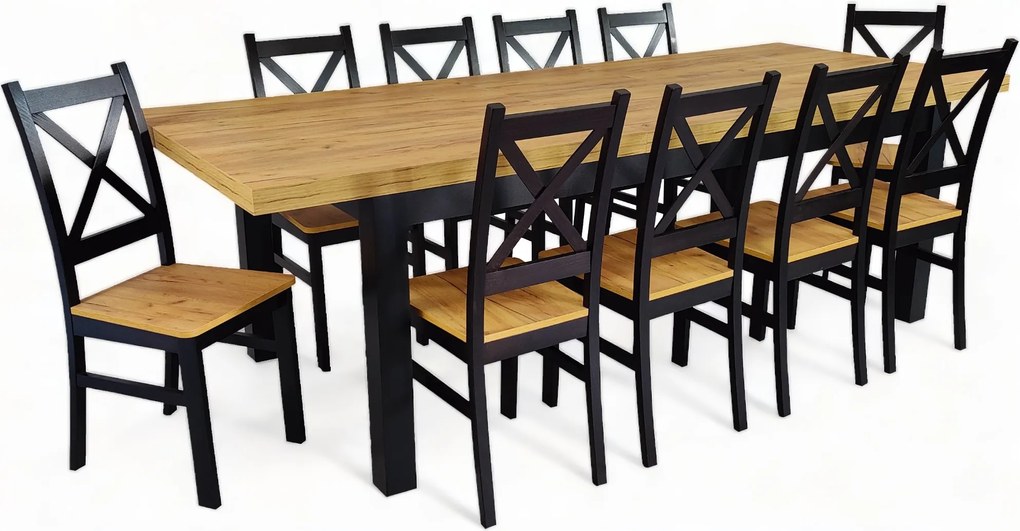 Stół duży i 10 krzeseł Czarny + Dąb Craft 100x200 rozkładany do 300 cm + nogi drewniane