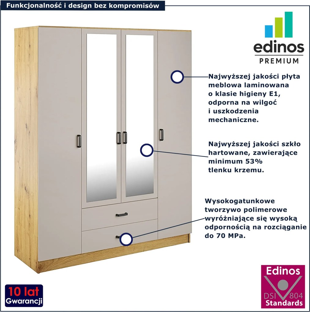 Czterodrzwiowa szafa z lustrem dąb artisan + kaszmir H7-D15