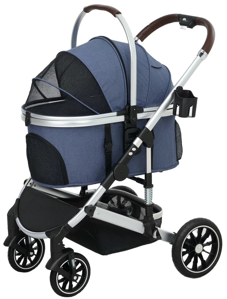 PawHut Wózek dla Psów 3 w 1 Składany dla Kotów do 10 kg z Poduszką i Uchwytem na Kubek Niebieski