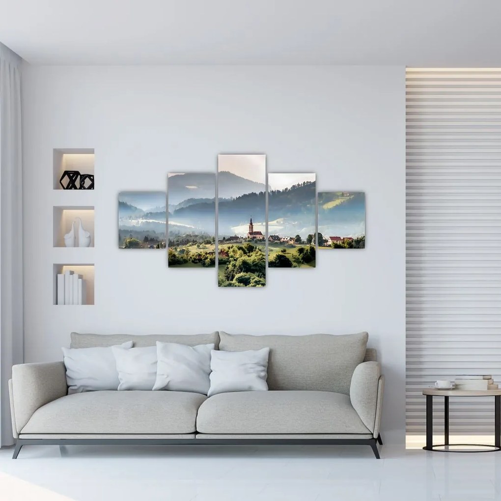Obraz - wieś we mgle (125x70 cm)