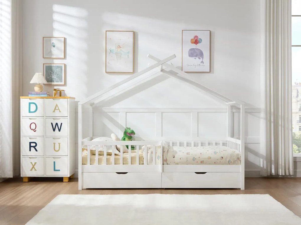 Łóżko domek 90 x 190 cm z szufladami - Drewno sosnowe i MDF - Biały + Materac - KIRALIO