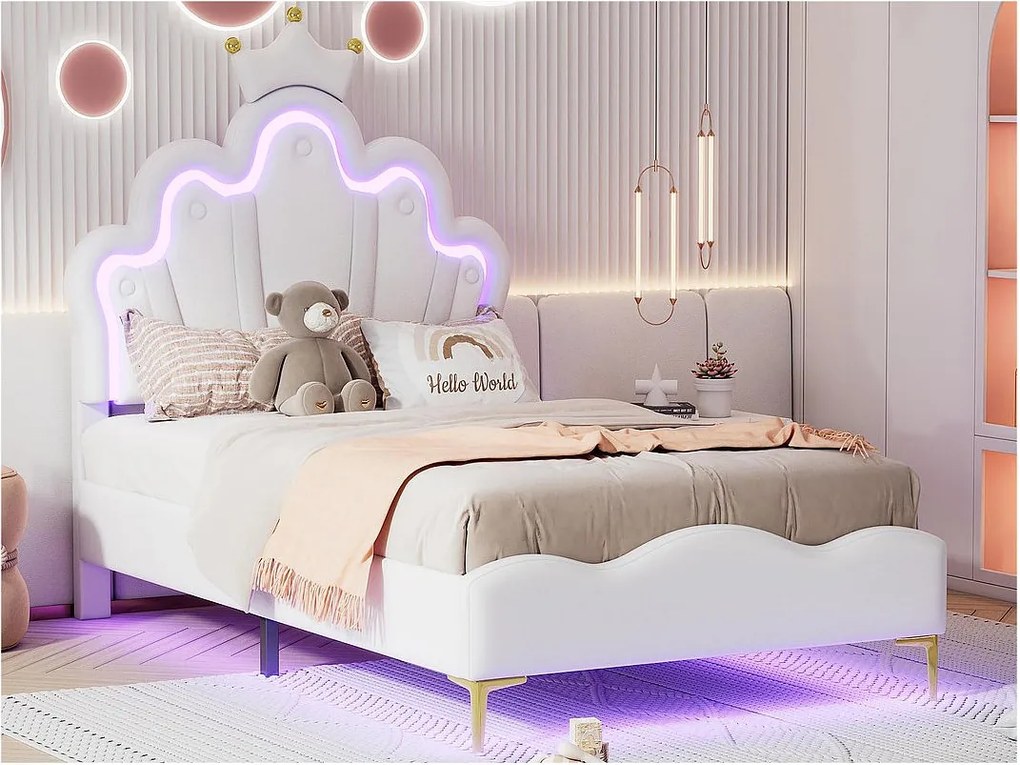 Łóżko dziecięce 90x200cm z LED - łóżko księżniczki z poduszką z ekoskóry - Białe