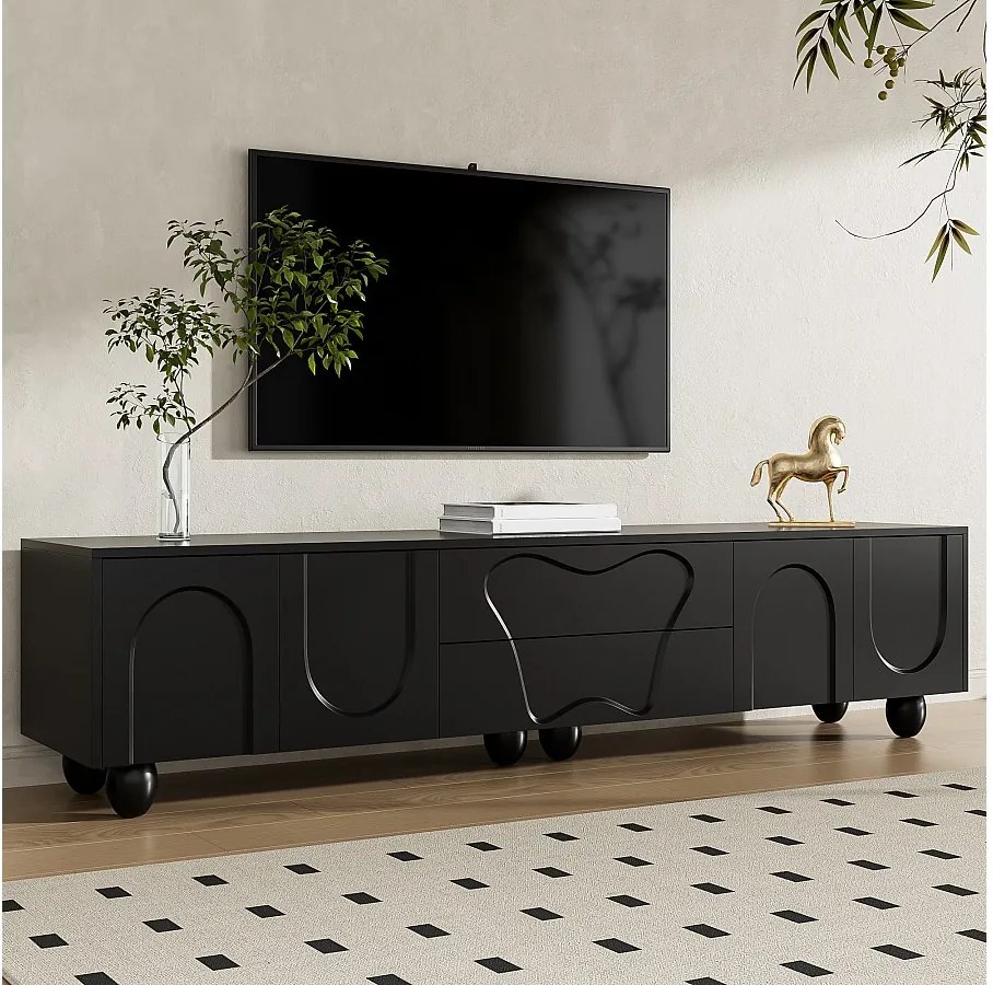 Czarny stolik pod TV - stolik pod TV z 2 szufladami i 2 drzwiami - Okrągłe nogi z litego drewna