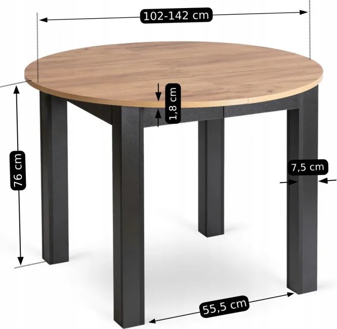 Zestaw Stół Okrągły Rozkładany HARRY 102-142 cm Dąb Craft/Czarny i 4 Krzesła Tapicerowane CHRIS Szare Nowoczesne