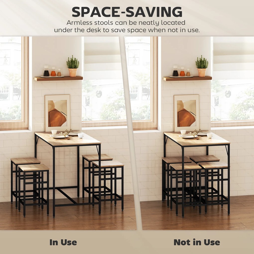 HOMCOM Zestaw stołowy barowy z 4 taboretami 5-elementowy zestaw stołowy stalowy dąb