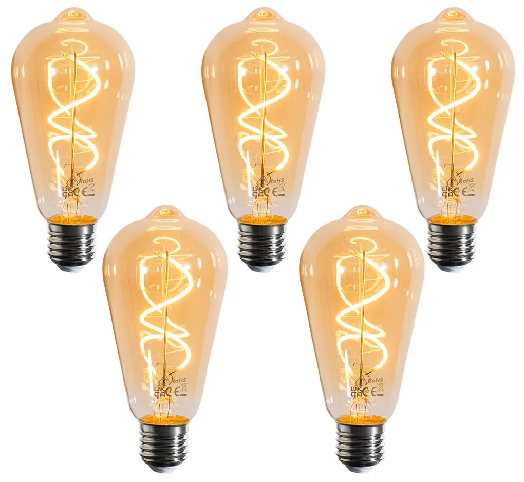 Zestaw 5 ściemnialnych żarówek LED E27 z żarnikiem spiralnym ST64, złotych, 4W 270LM 2100K