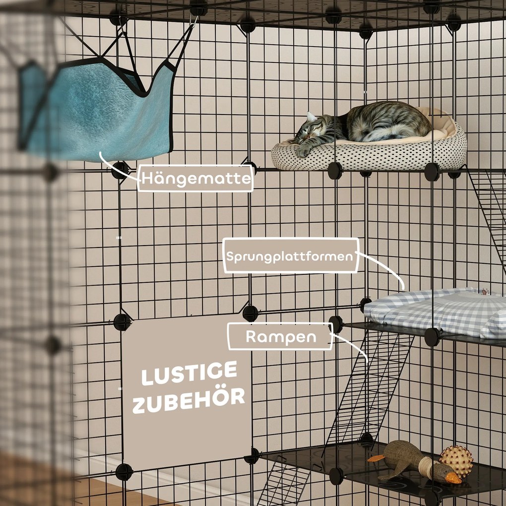 PawHut Klatka dla kota wewnętrzna 4-piętrowa DIY wybieg z gęstą siatką, huśtawką, rampą, drzwiami, platformami do skakania