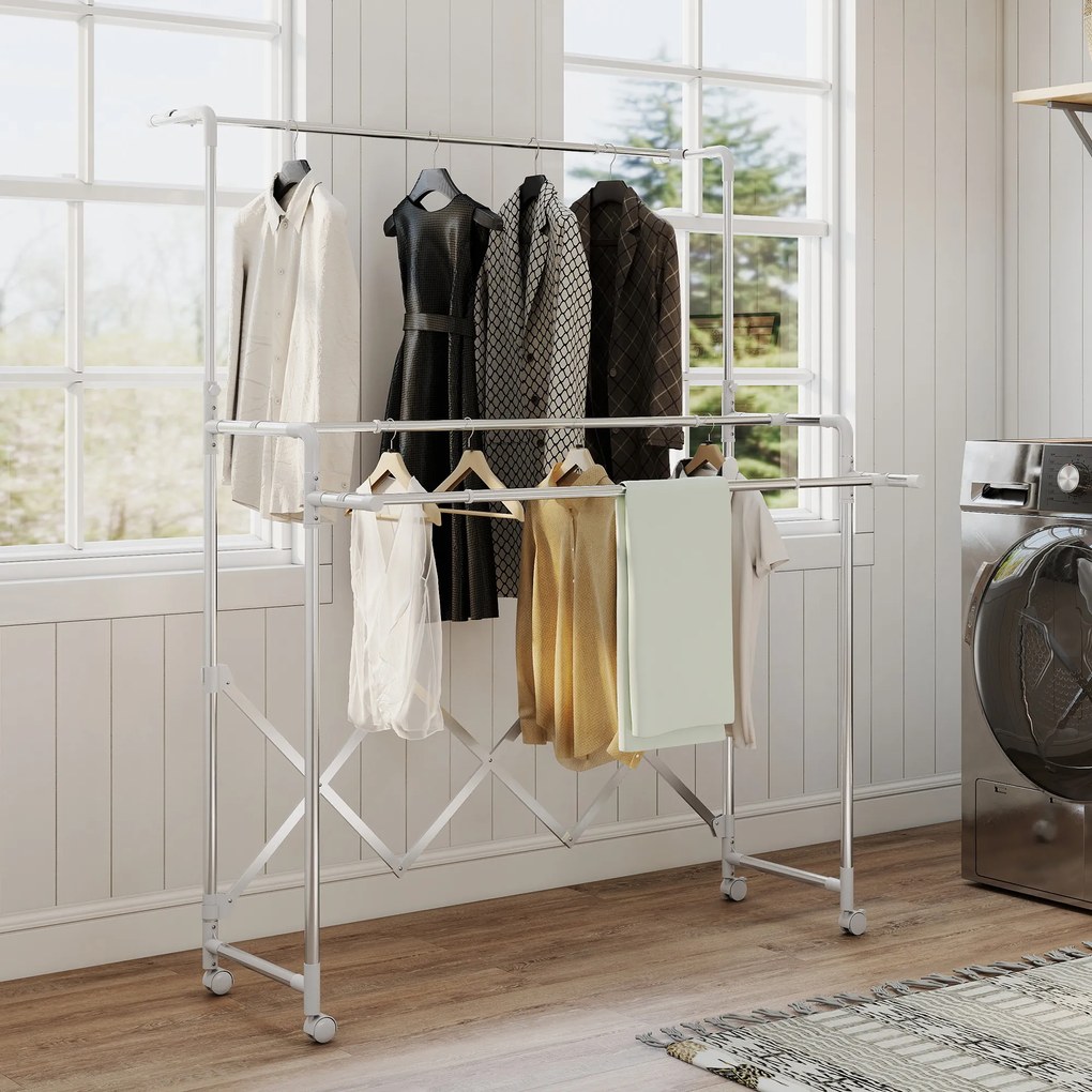 HOMCOM Stojak na pranie, składany suszarka stojąca z 3 regulowanymi prętami, stalowy wieżowy stojak na pranie na kółkach, wieża do suszenia prania do wnętrz i na zewnątrz