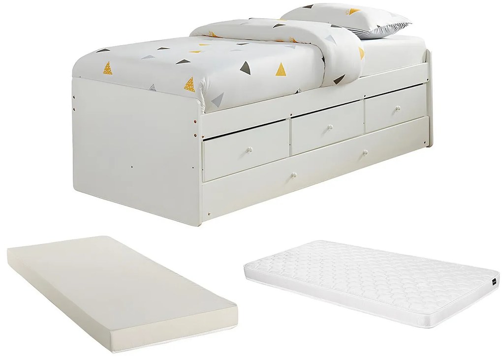 Łóżko wysuwane TITOUAN z 3 szufladami - 90 x 190 cm - MDF i sosna - Kolor biały - materac