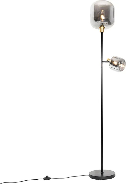 Lampa podłogowa czarna ze złotem i dymionym szkłem 2-światła - Zuzanna