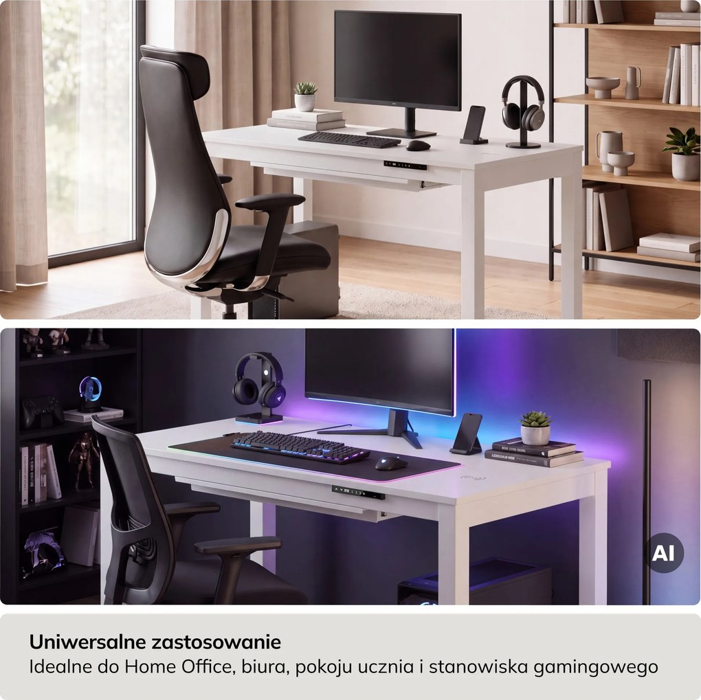 Biurko regulowane elektrycznie podnoszone białe, 120x63 cm: EVAN