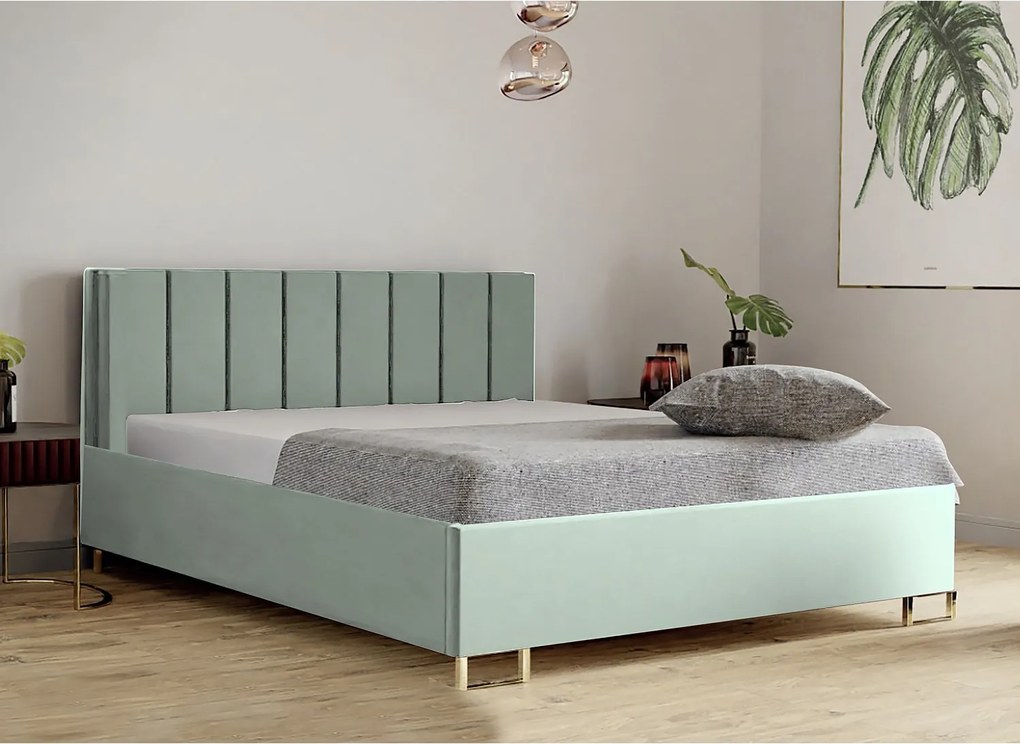 Łóżko tapicerowane MALIBU, wezgłowie, obicie VELUTTO, pojemnik na pościel, podnośnik gazowy, wysokość spania 39 cm, 120x200 cm, Jasno Zielony