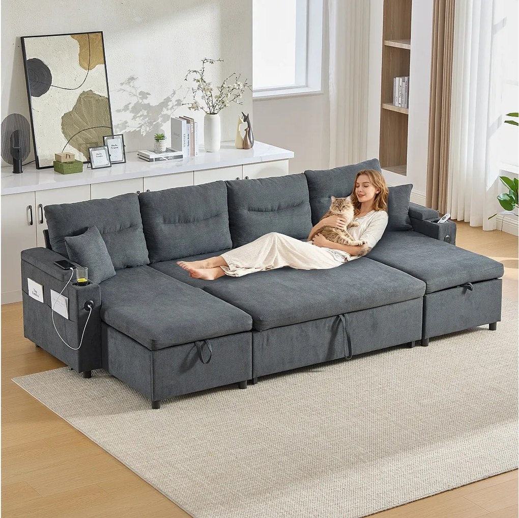 Sofa 4-osobowa z szezlongami ze schowkiem - 272 x 136 x 86 cm - z uchwytami na kubki + port USB + wysuwane łóżko - aksamit - ciemnoszary