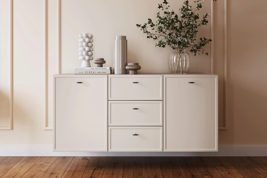 Komoda wisząca Lorini 150 cm z szufladami - kaszmir / czarne uchwyty T-bar