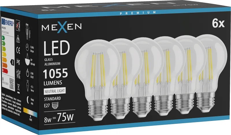 Mexen Vintis 6x żarówka filament LED E27, A60, 8W, Neutralna - 4000K, 1055 lm, clear - L150-E27-0840-00x06