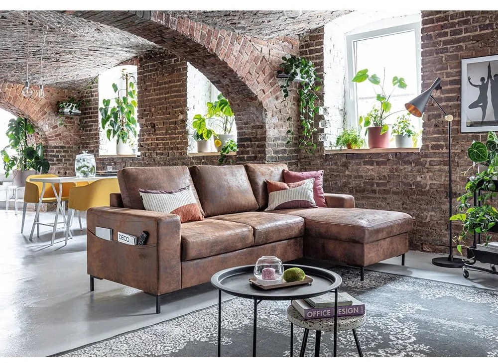 Brązowy narożnik rozkładany z imitacji skóry Miuform Lofty Lilly Vintage, prawostronny