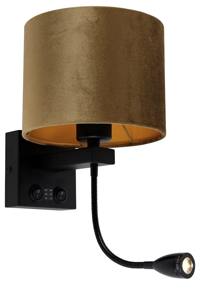 Lampa ścienna czarna z aksamitnym abażurem w kolorze brązu 18 cm - Brescia