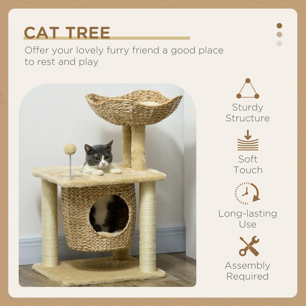 PawHut Drapak dla Kota z Jaskinią, Platformą do Leżenia, Kulą do Zabawy, 45x40x74cm, Beżowy