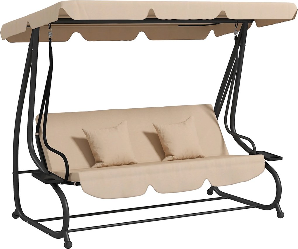 Outsunny Huśtawka Ogrodowa, 3-osobowa z Uchwytami na Napoje, Stal, 200 x 120 x 164 cm, Brązowa