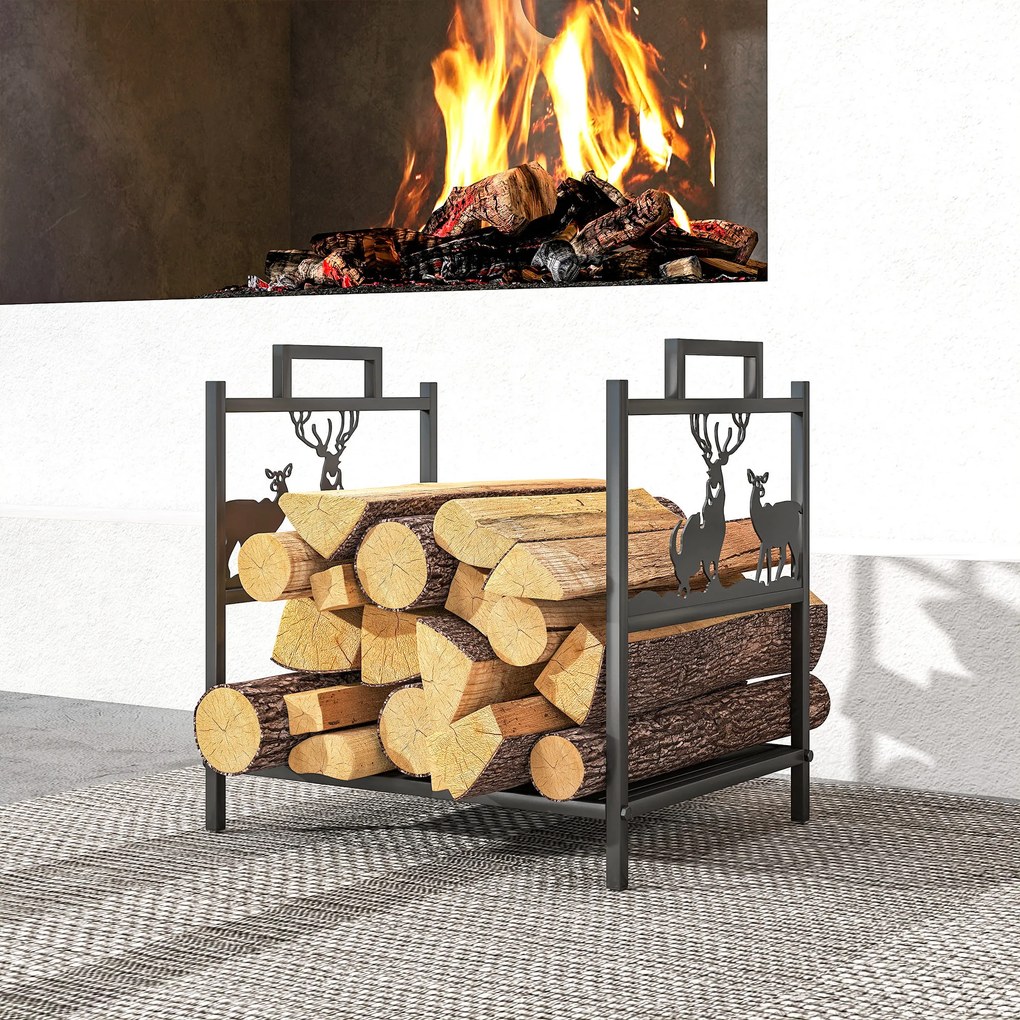 Outsunny Regał na drewno opałowe do wnętrz 42,5 x 33,5 x 43 cm z designem renifera, metalowy regał w kolorze czarnym