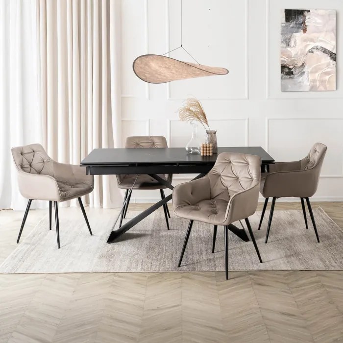 Zestaw Stół Prostokątny Rozkładany VICTOR 160-240 cm Czarny Marmur i 4 Krzesła MODESTO Beżowe Welurowe Nowoczesne