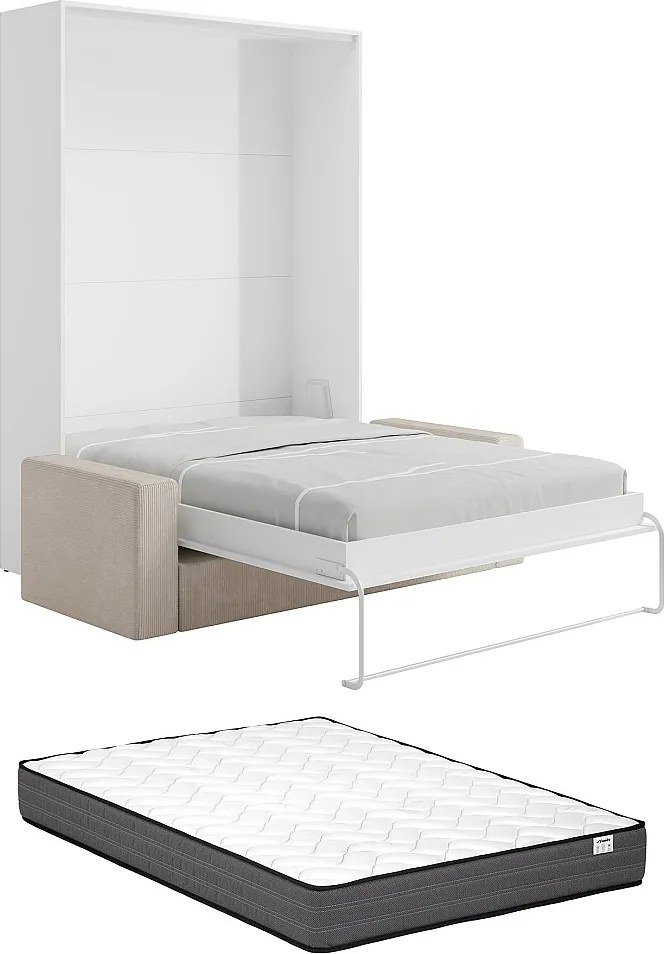 Łóżko chowane w szafie 140 x 200 cm - Ręczne otwieranie pionowe - Białe + Materac + kanapa - BEGANIO