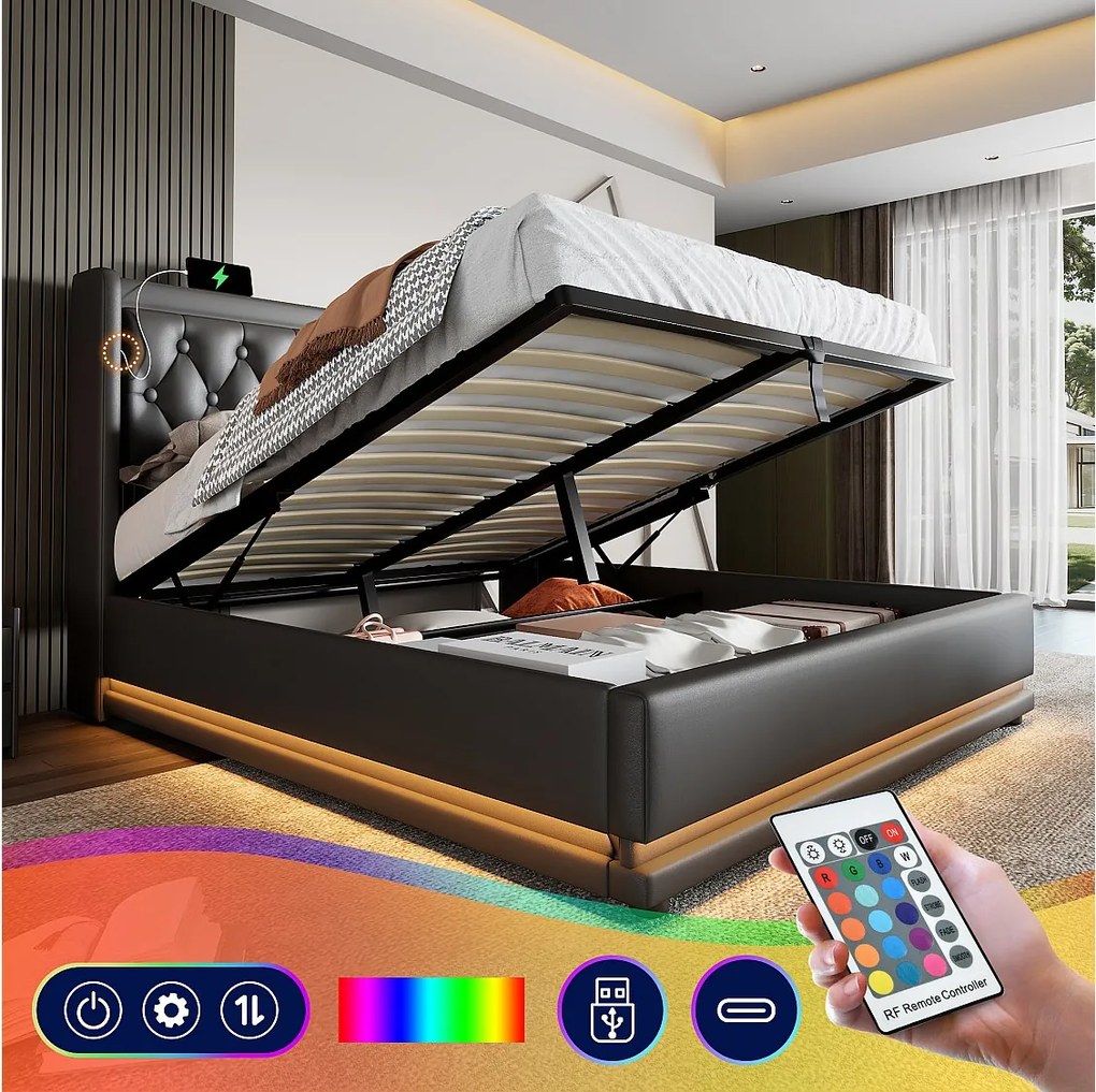 Łóżko z pojemnikiem 180 x 200 cm i zagłówkiem - gniazda USB i typu C - diody LED - skóra ekologiczna - kolor czarny (bez materaca)
