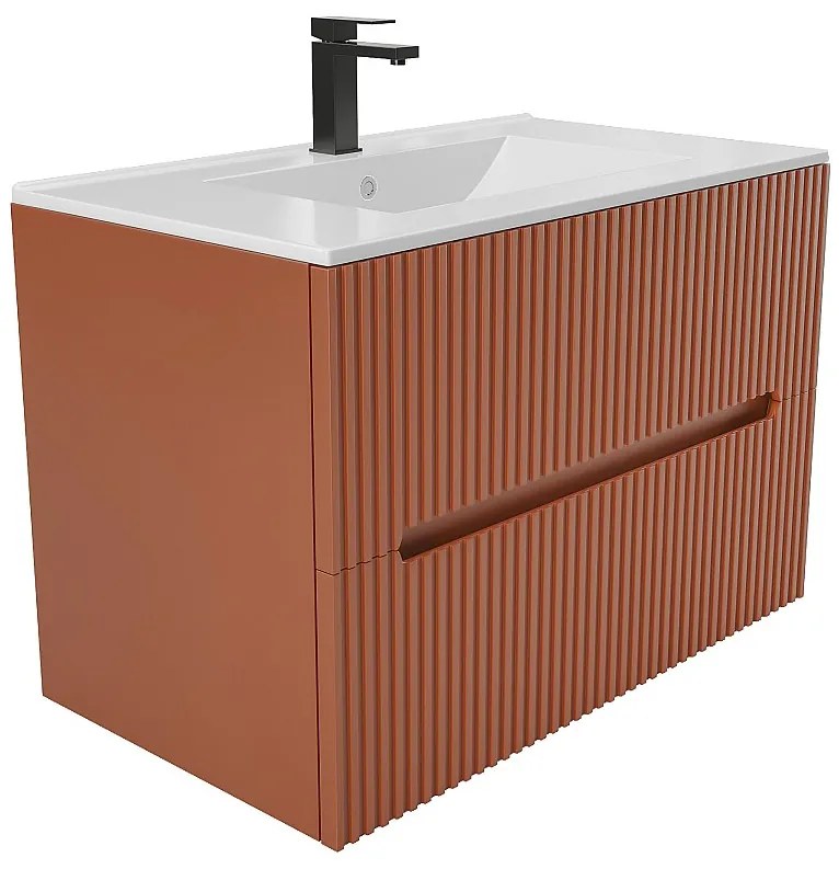 Szafka łazienkowa wisząca  ryflowana z umywalką - Terakotowy - 80 cm - PAVANI