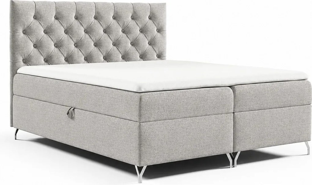 Łóżko kontynentalne GracePLUS-140x200cm z pojemnikami na pościel|Topper|Dwuosobowe|Tapicerowane|Glamour|Vintage|srebrne nogi 12cm-Szary