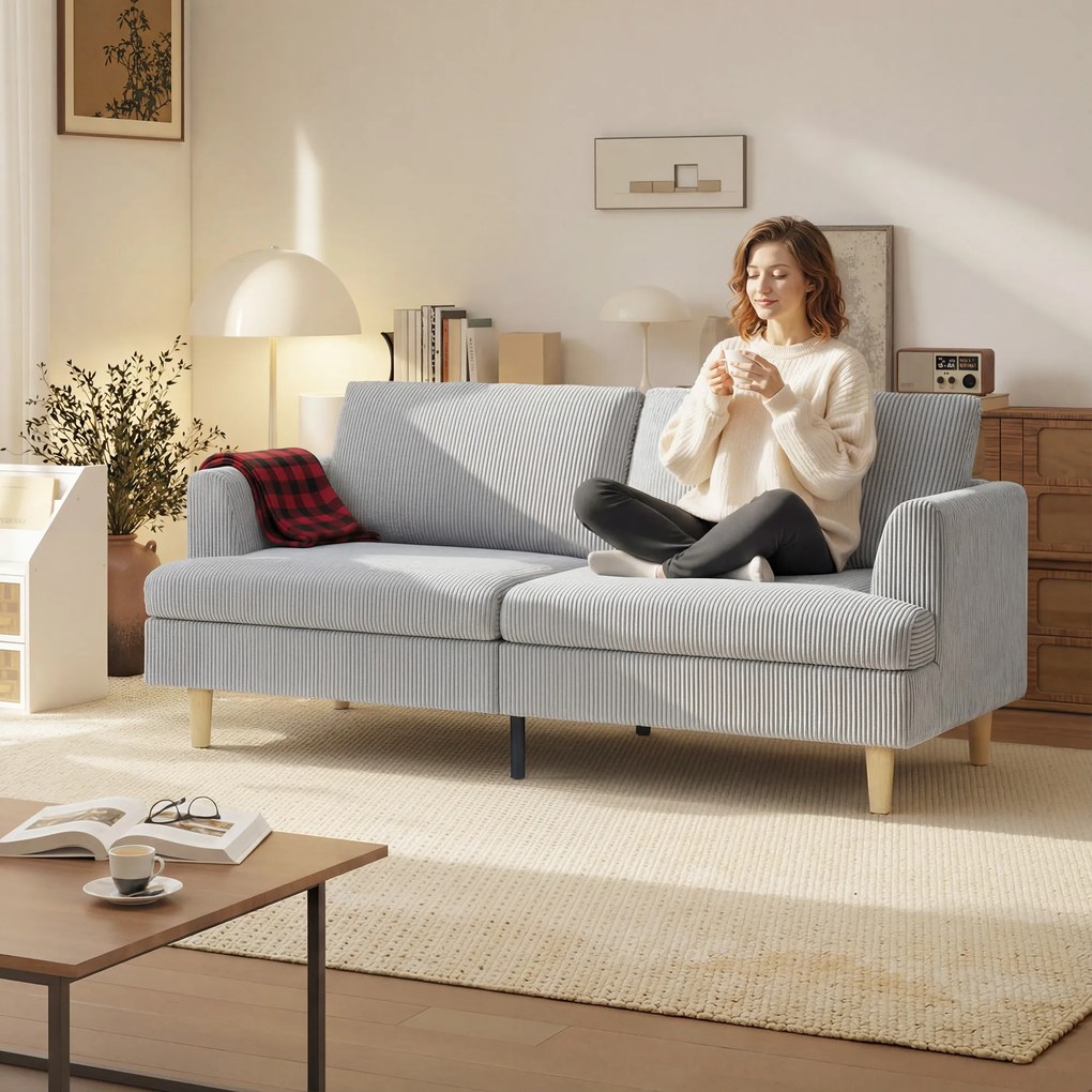 HOMCOM Sofa 3-osobowa, kanapa z podłokietnikami, tapicerowana sofa w sztruksowym stylu do salonu Jasnoszary | Aosom PL