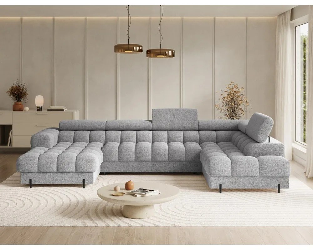 Szary rozkładany narożnik z materiału bouclé (prawostronny/w kształcie litery U) Feraria – ELTAP