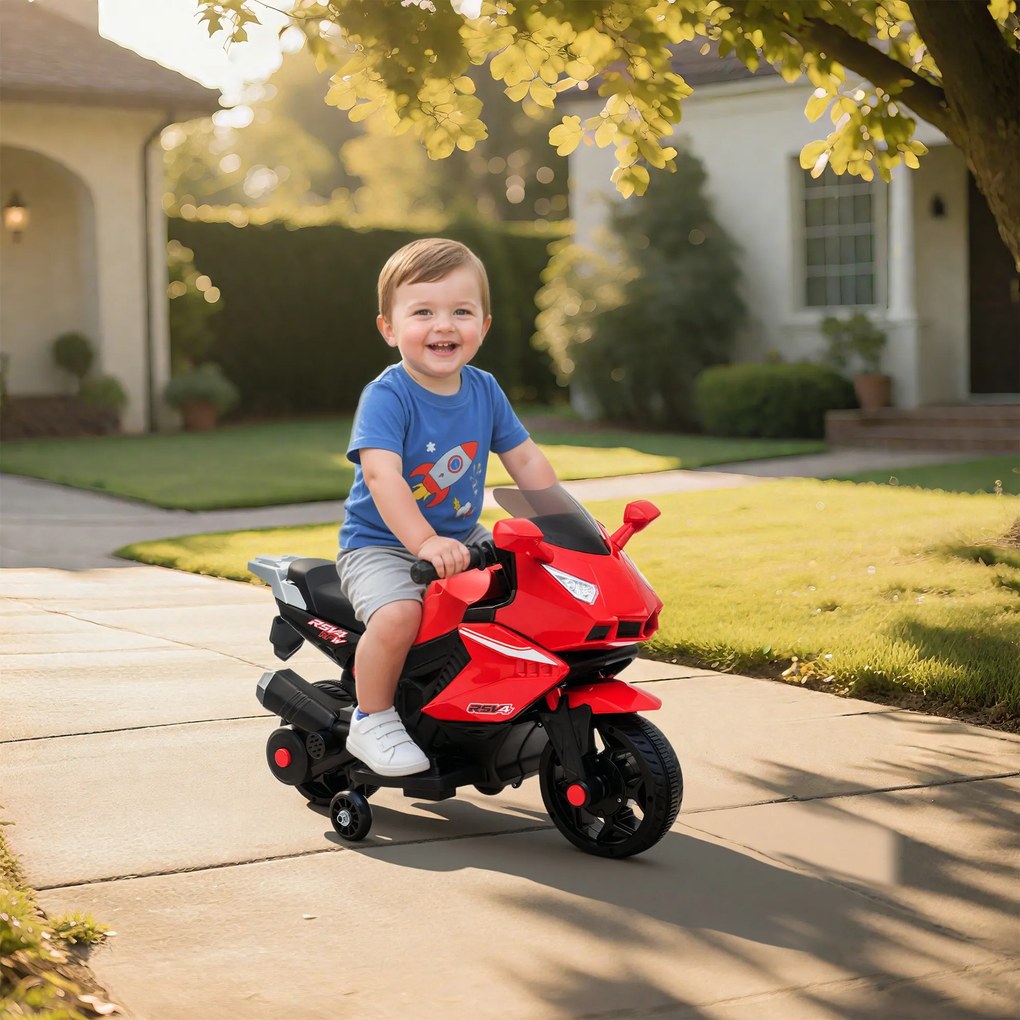 AIYAPLAY Elektryczny motocykl dla dzieci, klakson, reflektory, funkcja muzyczna, 2,5 km/h, Czerwony