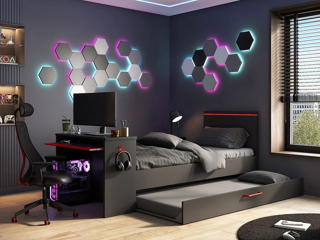 Łóżko wysuwane gamer 90 × 200 cm i 90 × 190 cm – z biurkiem – oświetlenie LED – kolor antracytowy i czerwony z materacem i stelażem – VOUANI