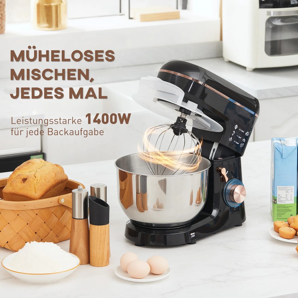 HOMCOM Mikser Stołowy, Robot Kuchenny, 6 Prędkości, 5,5L Misa ze Stali Nierdzewnej, Czarny