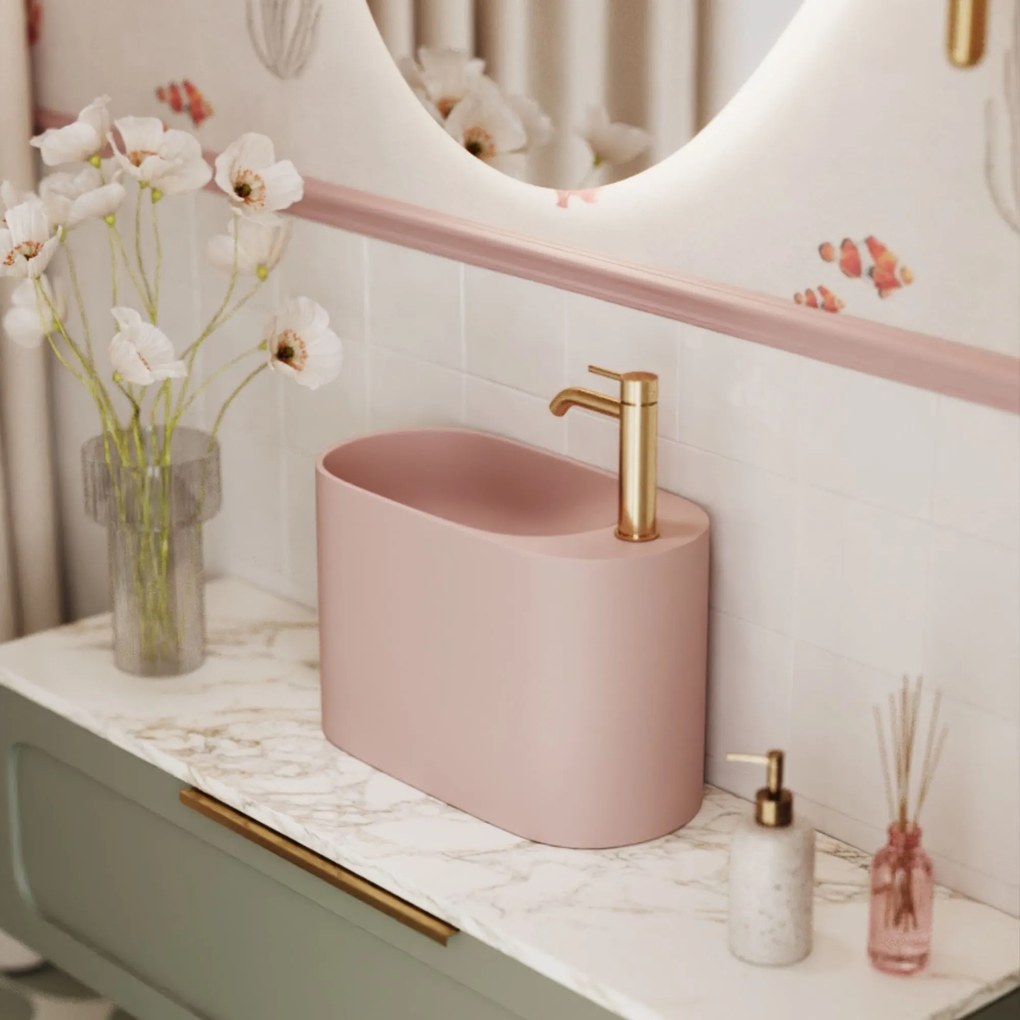 Umywalka z kamienia syntetycznego nablatowa / wisząca owalna różowa 45 x 22 cm OVELA Pink : Typ montażu - podwieszana