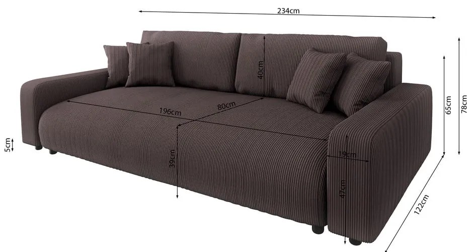 Brązowa sztruksowa rozkładana sofa ze schowkiem 234 cm Sara – Ropez