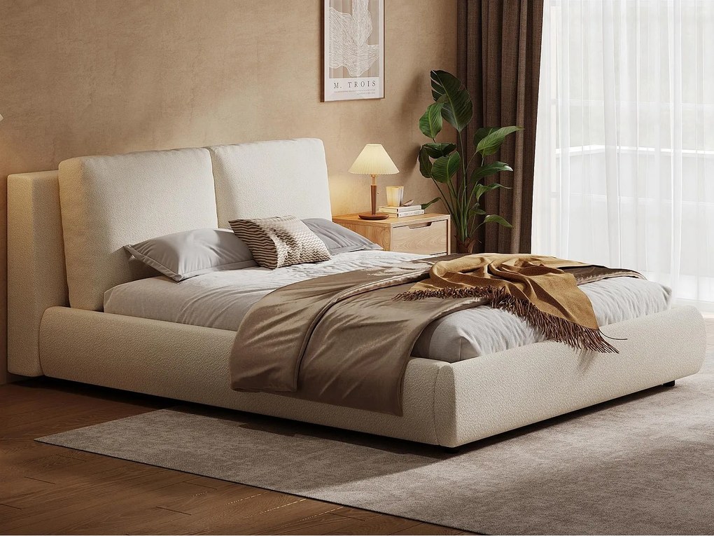 Łóżko tapicerowane z pojemnikiem 160x200 cm - pikowane wezgłowie - przechowywanie pod łóżkiem - stelaż na listwach - tkanina boucle - beżowy (bez materaca)