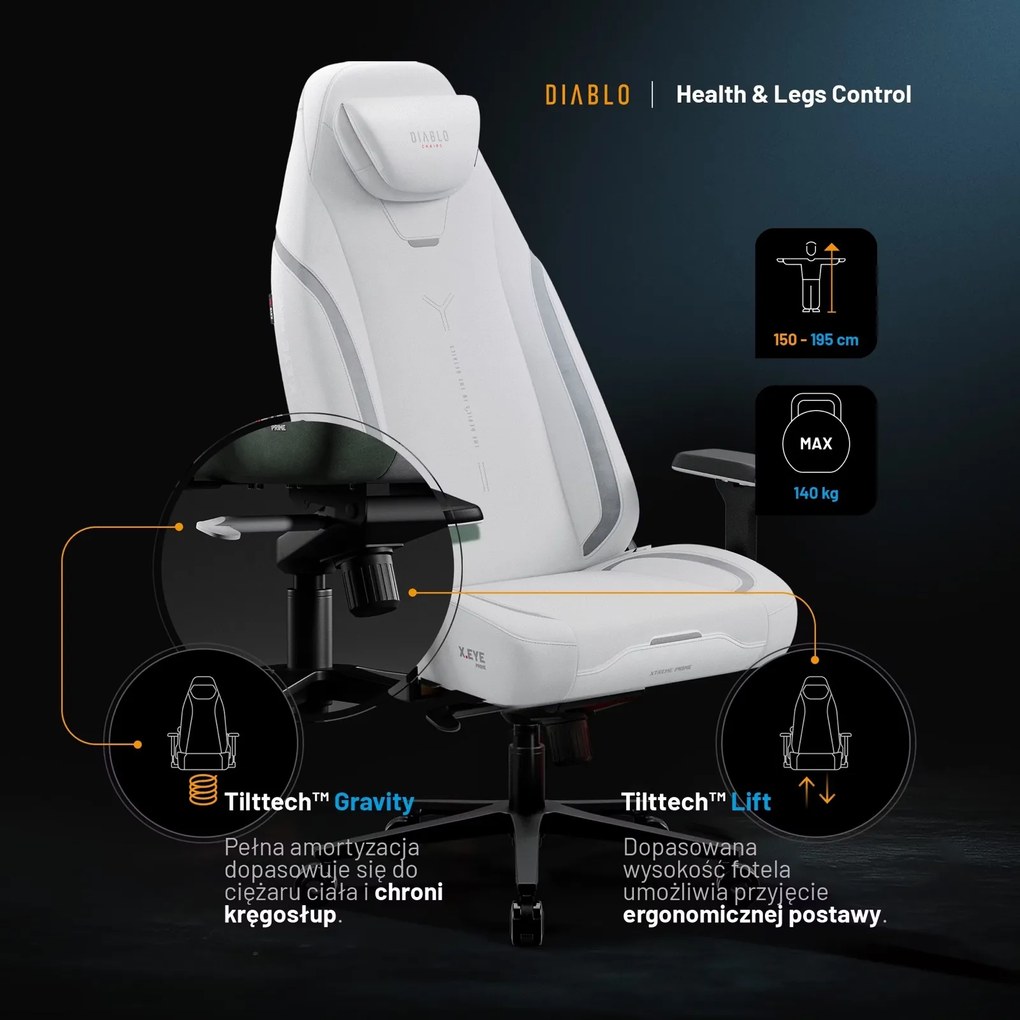 Fotel gamingowy materiałowy Diablo X-Eye Prime Normal Size, Ghosted White