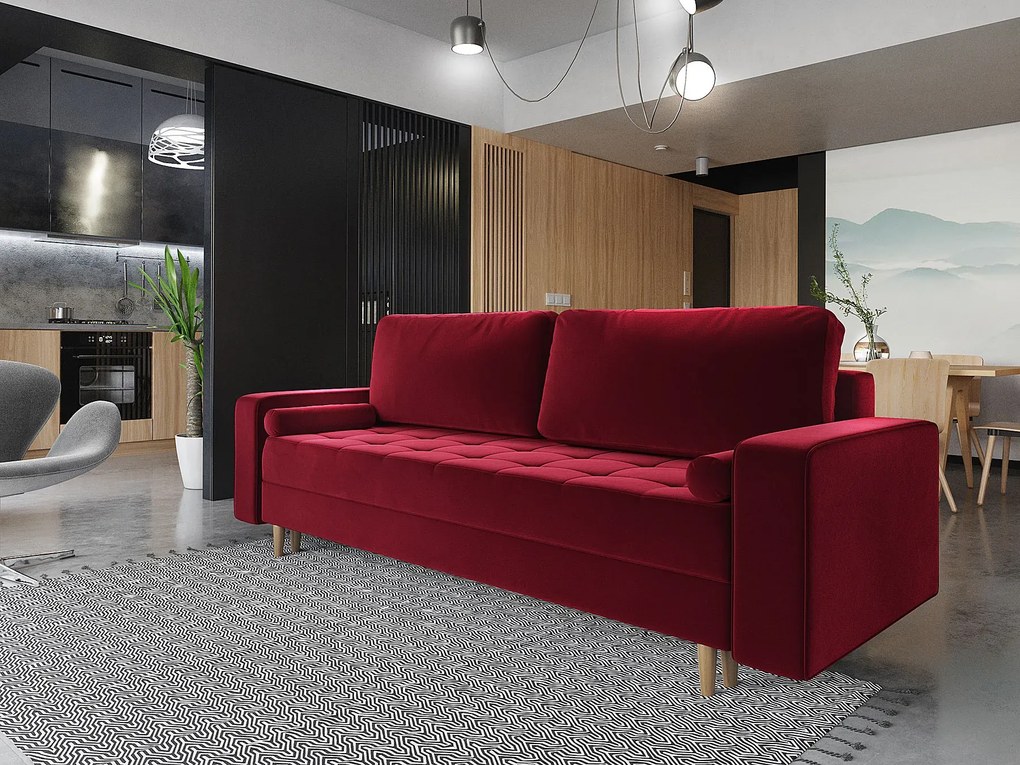 Czerwona sofa rozkładana z pojemnikiem na pościel C6-L61