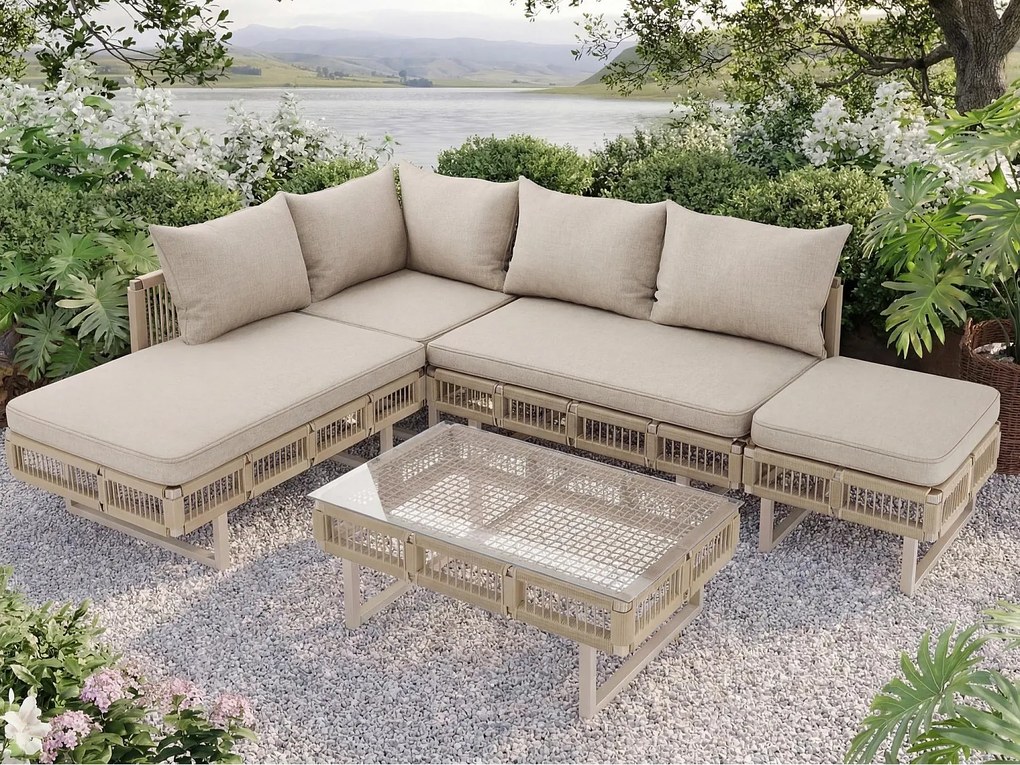 Salon ogrodowy - 4 osoby - kanapa narożna - z żelaza ocynkowanego - 1 stolik kawowy ze szkła hartowanego - podnóżek - zdobienie plecione - Beżowy