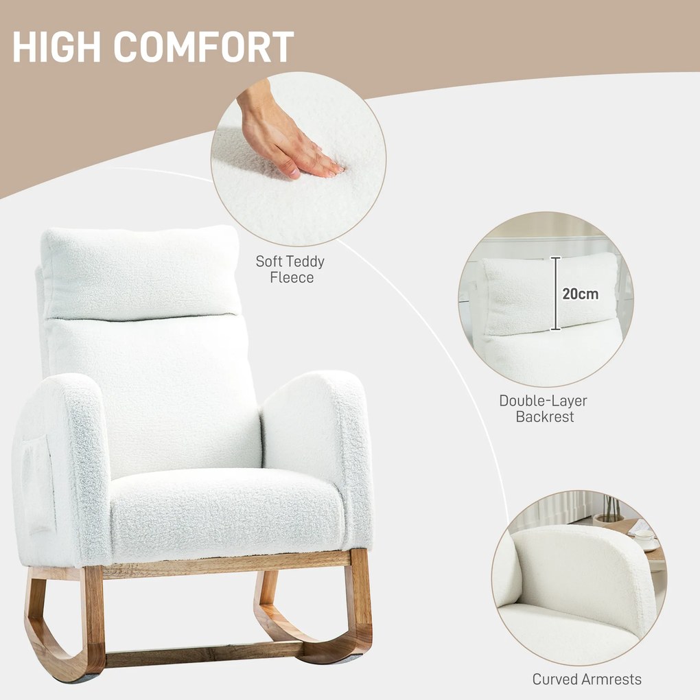 HOMCOM Fotel bujany, fotel relaksacyjny, gruba tapicerka, przytulna tapicerka, rama drewniana, do 120 kg, kolor kremowy