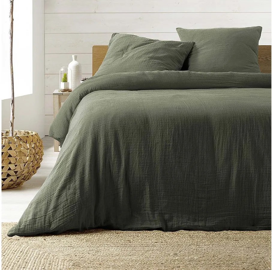 Komplet Pościeli z Gazy Bawełnianej "Angelia" 240x220cm Zielono-Khaki 100% Bawełna 57 nici/cm²
