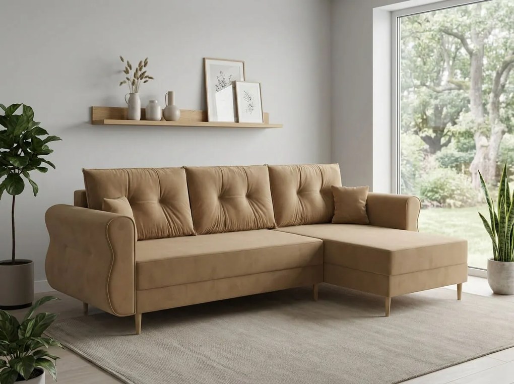 Rozkładana narożna sofa SILVIANO 230x140 cm, beżowa, uniwersalna