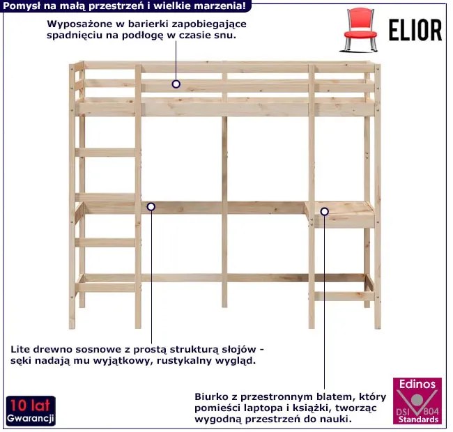 Łóżko piętrowe z biurkiem na dole lite drewno sosnowe 100x200 - Interis 7X