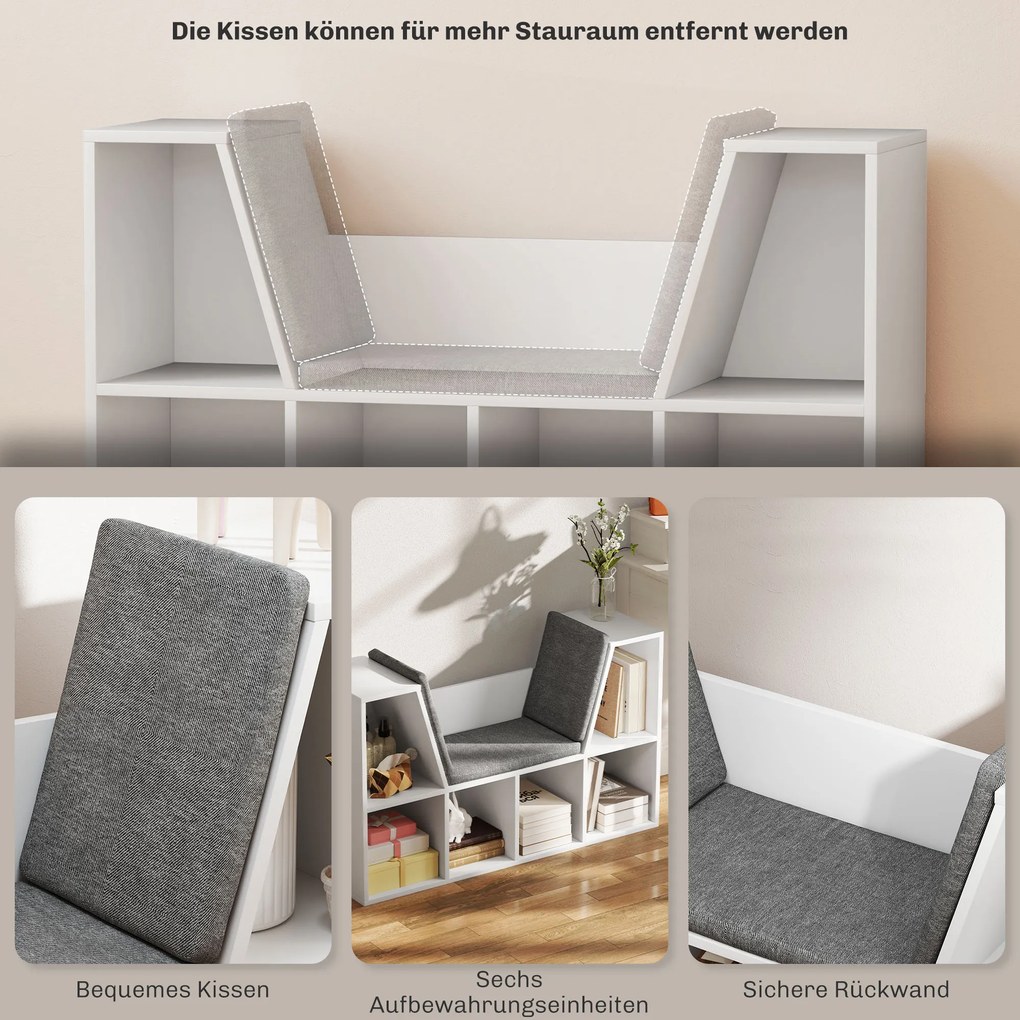 HOMCOM Regał na Książki z Miejscem do Siedzenia, 6 Półek, Tapicerowany, 105 x 30 x 63 cm, Biały