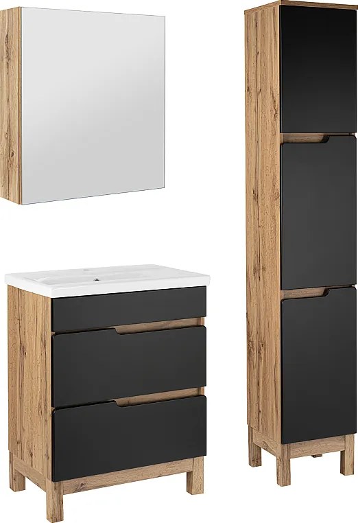 Zestaw Łazienkowy 60cm 2S Alma Słupek Szafka z Lustrem Dąb Wotan / Czarny Mat