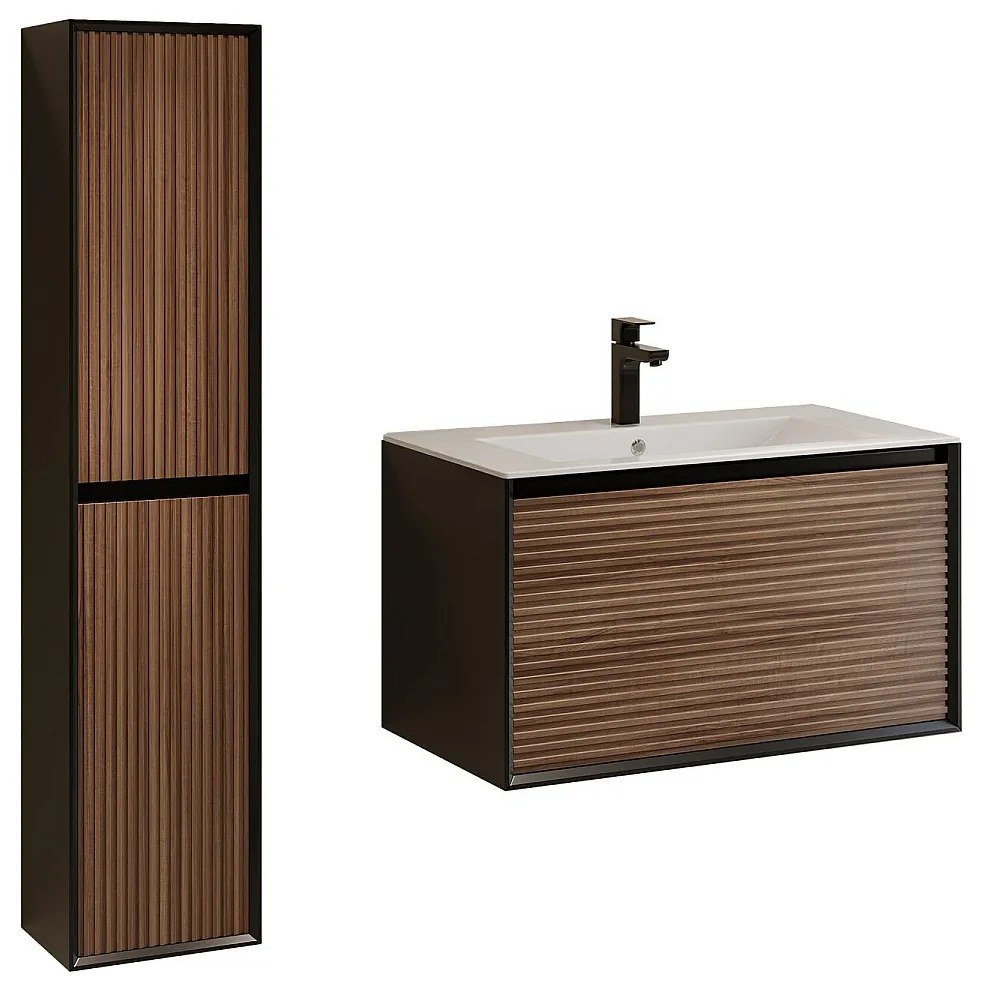 Podwieszana szafka łazienkowa z prążkowanym wykończeniem z umywalką do zabudowy, słupkiem i baterią - Kolor ciemny naturalny i czarny - 80 cm - BANIVA