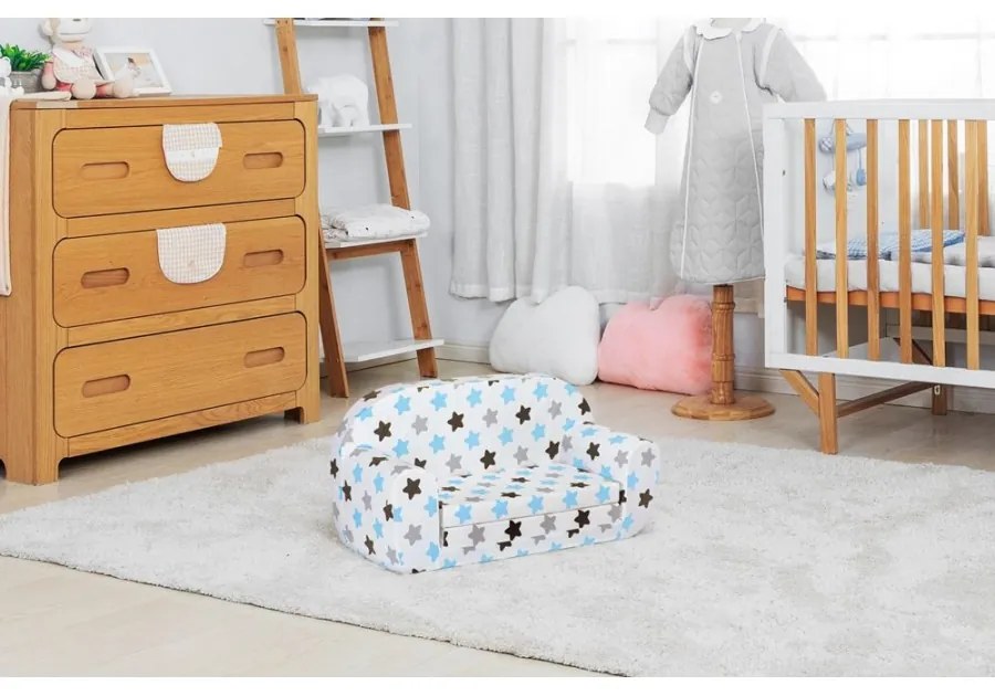 Mini sofka dla dzieci, piankowa 77x35cm rozkładana - szary w białe pierniki