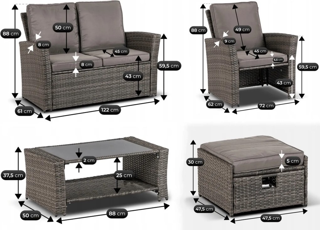 Zestaw mebli ogrodowych technorattan Loren 6-osobowy, kolor szary