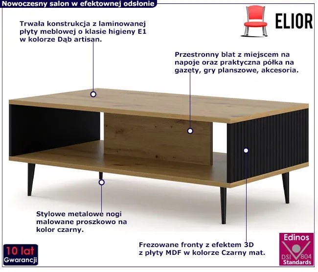 Stolik kawowy z lamelami artisan + czarny Garu 7X